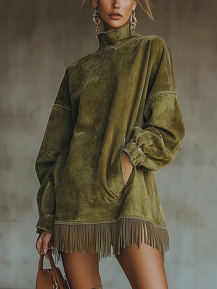 Gabrielle | High-Neck Faux Suede Fringe Dress