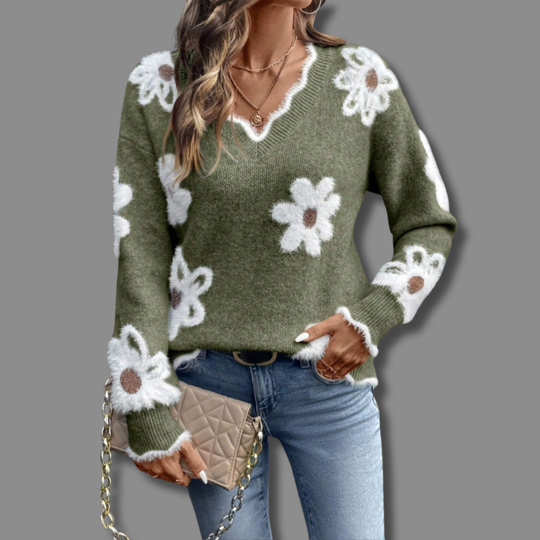 Thea | Elegant V-Neck Floral Sweater