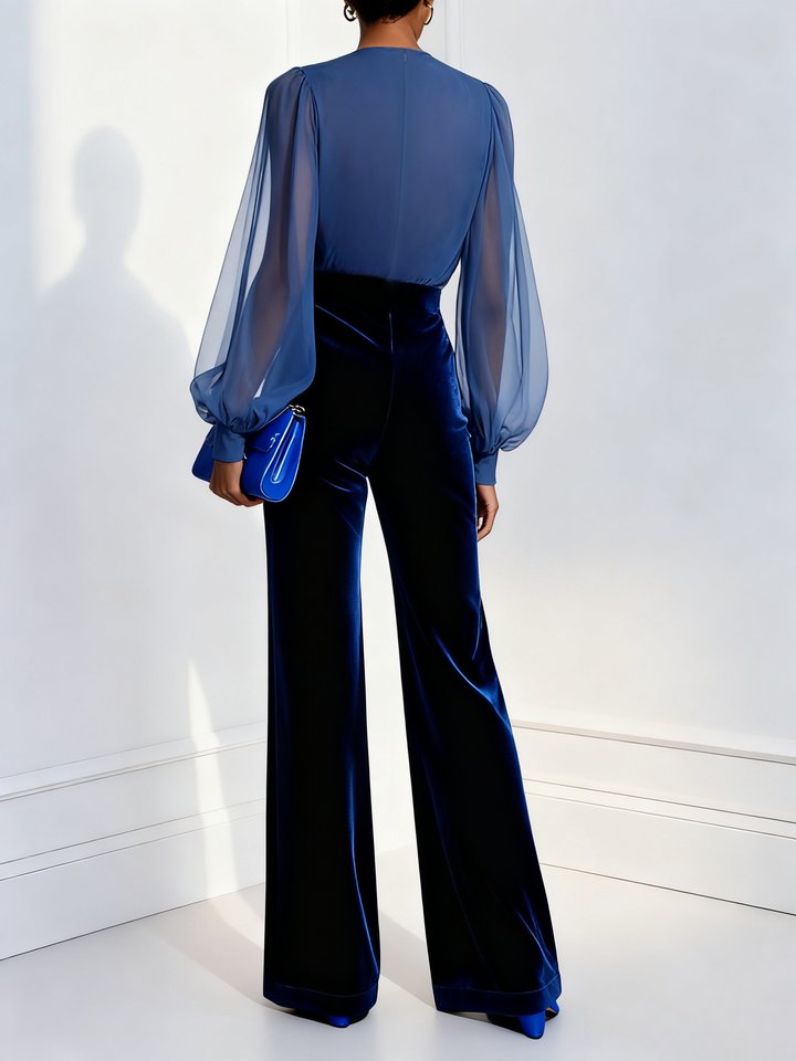Zara | Long Velvet Jumpsuit with V-Neck and Sheer Blue Sleeves