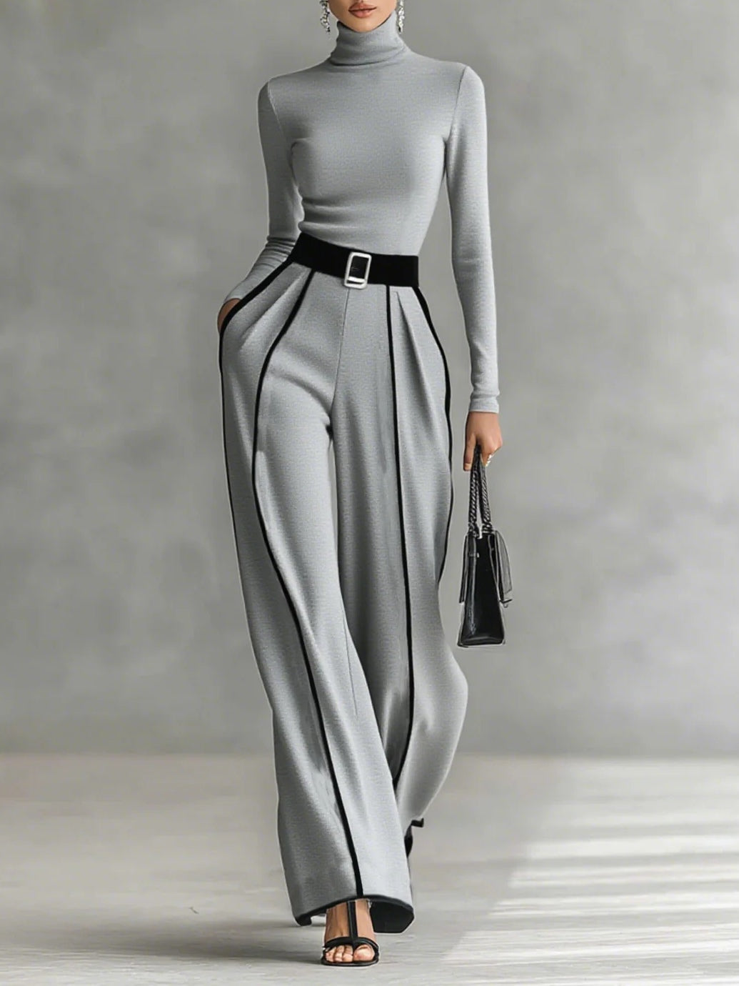Renata™ | High-Neck Top & Wide-Leg Trousers Set With Belt