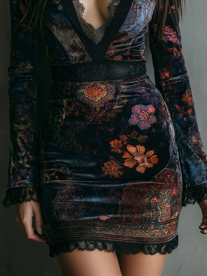 Lily | Lace-Trimmed Floral Velvet Mini Dress