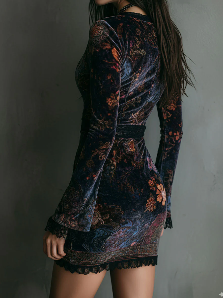Lily | Lace-Trimmed Floral Velvet Mini Dress