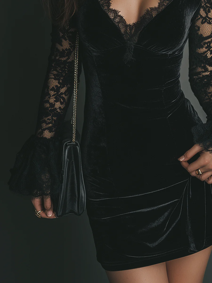 Luna | Velvet Mini Dress with Lace Detail