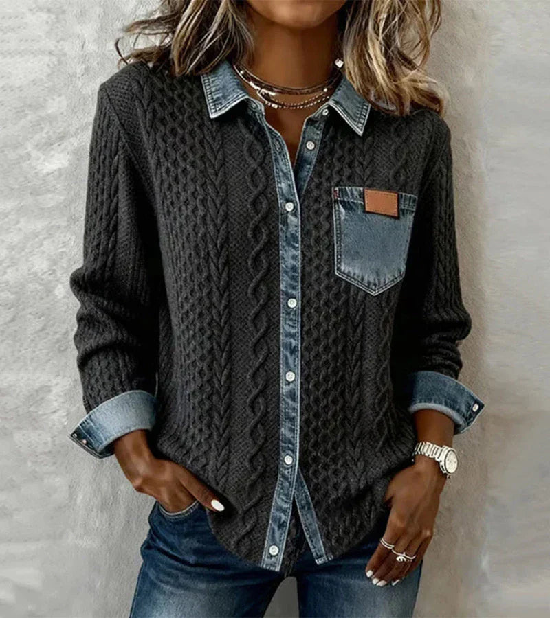 Amber | Patchwork Cable-Knit Top with Denim Details