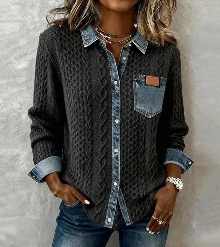 Amber | Patchwork Cable-Knit Top with Denim Details