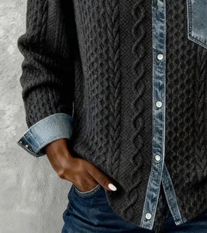 Amber | Patchwork Cable-Knit Top with Denim Details