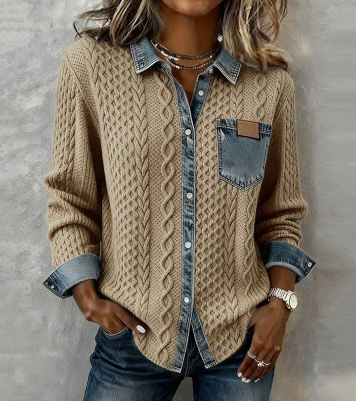 Amber | Patchwork Cable-Knit Top with Denim Details