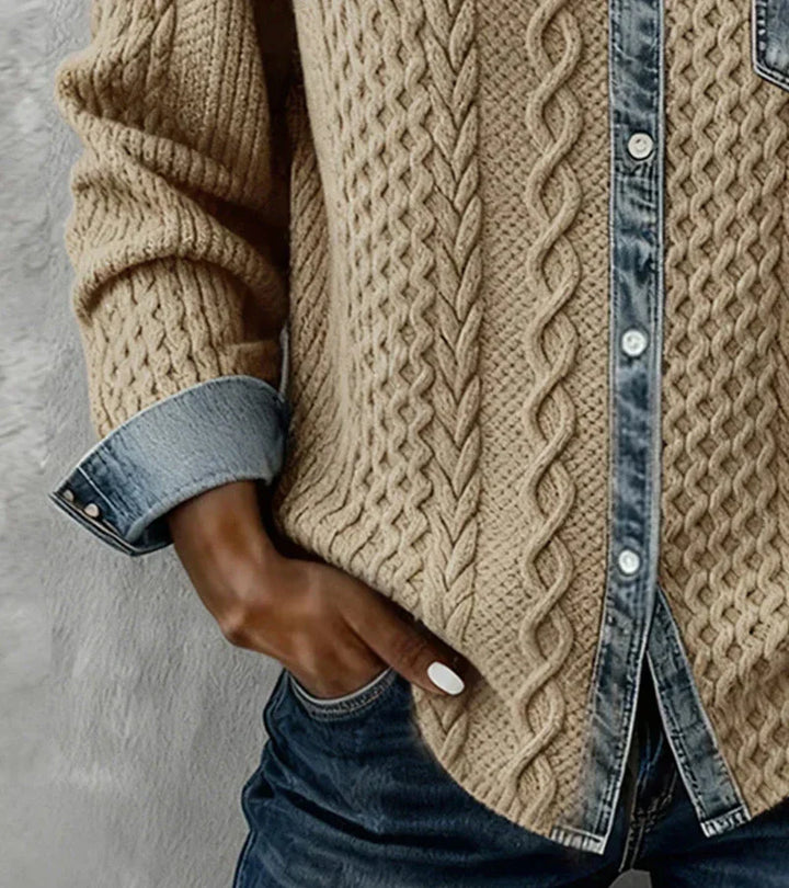 Amber | Patchwork Cable-Knit Top with Denim Details