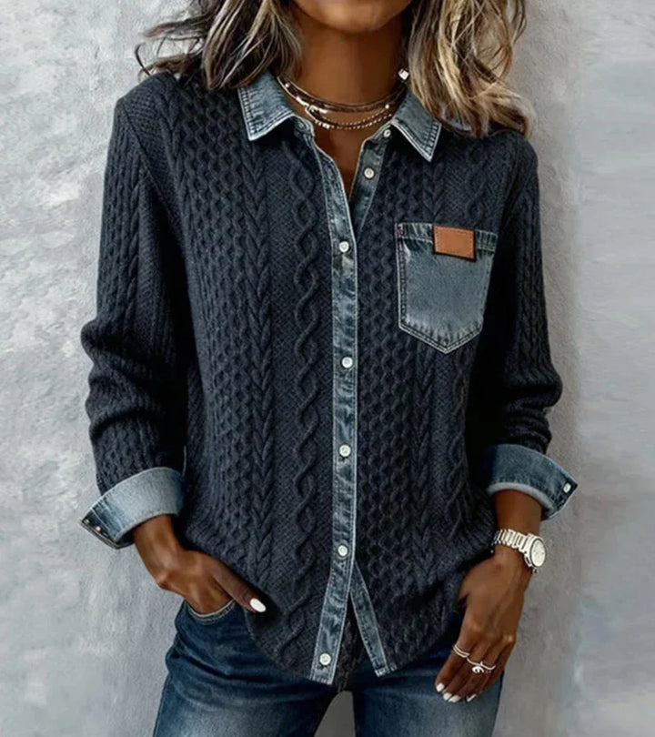 Amber | Patchwork Cable-Knit Top with Denim Details